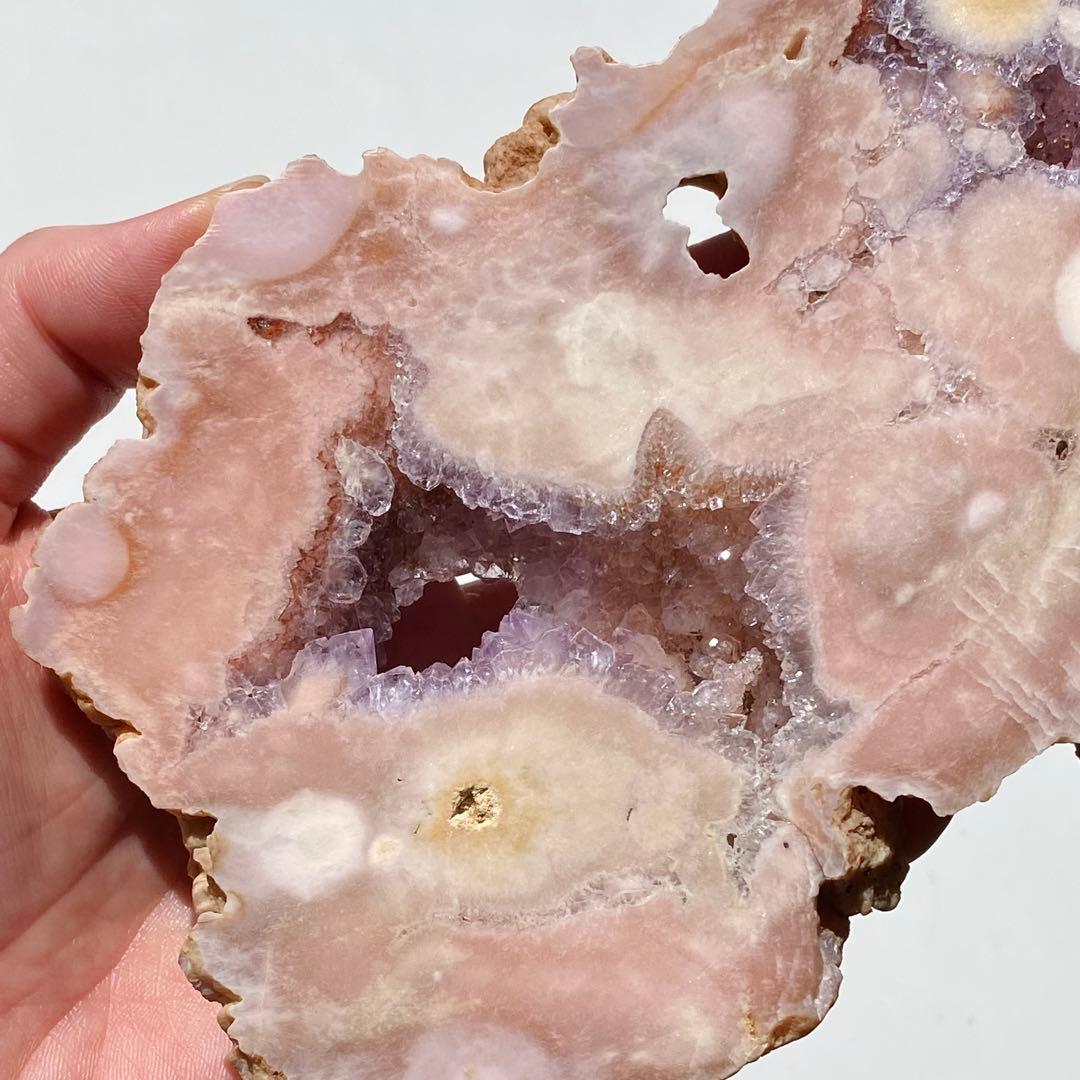 【 高品質 美しい ピンク アメジスト フラワーアゲート 原石 スラブ 台座付き