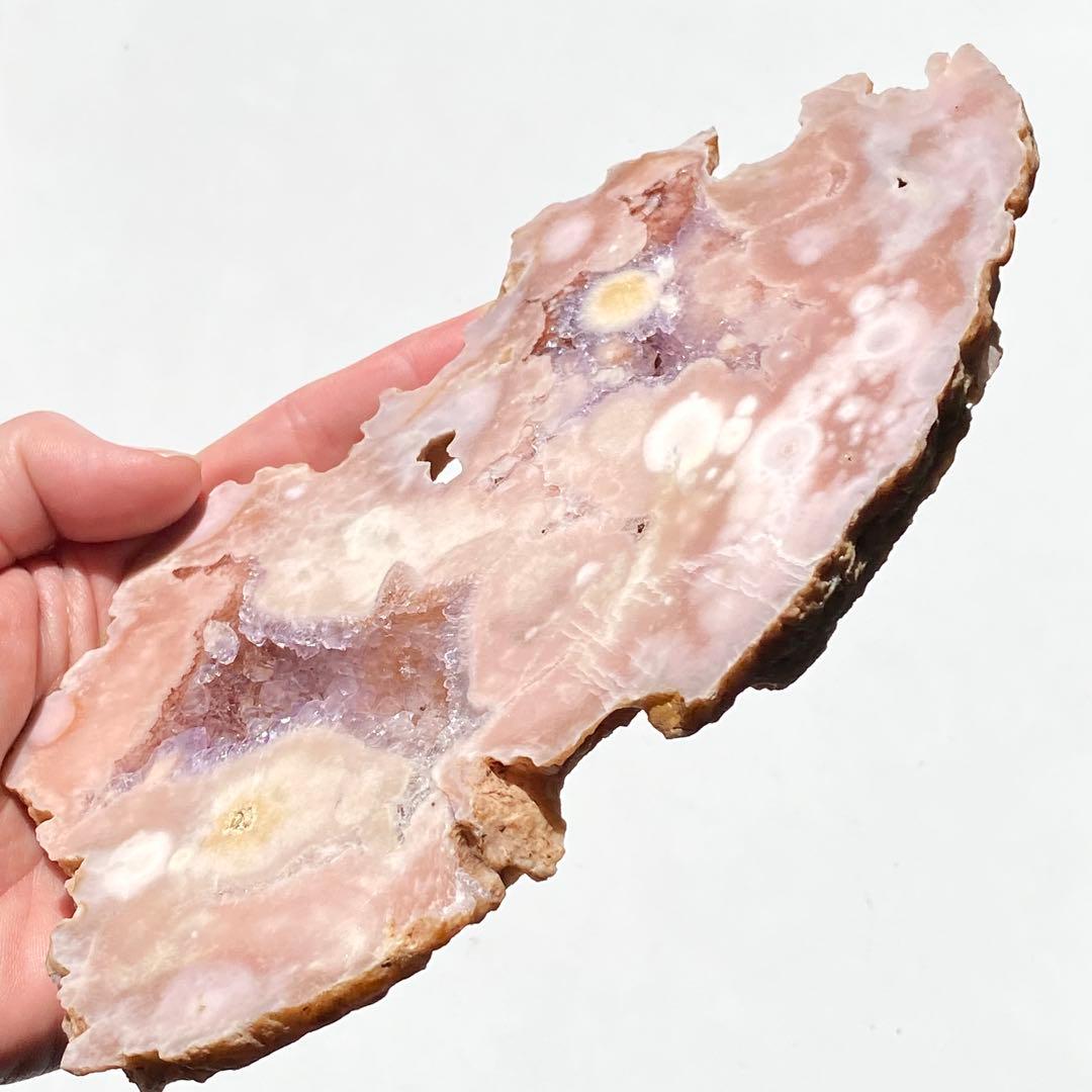 【 高品質 美しい ピンク アメジスト フラワーアゲート 原石 スラブ 台座付き