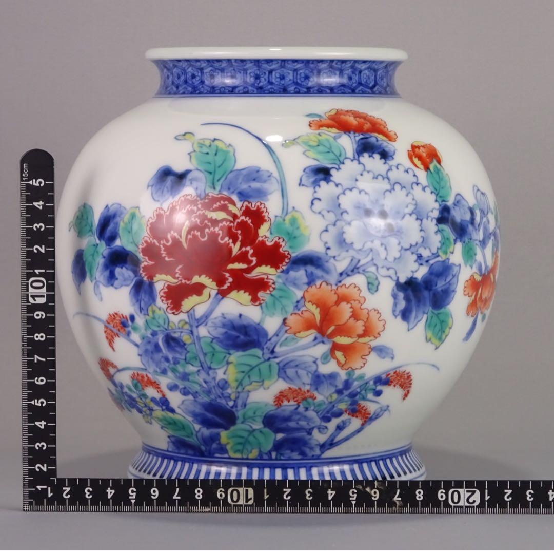名工　十二代　今泉今右衛門　秀逸作　色鍋島　芙蓉文　花瓶　地文縁　壷　花入　花器