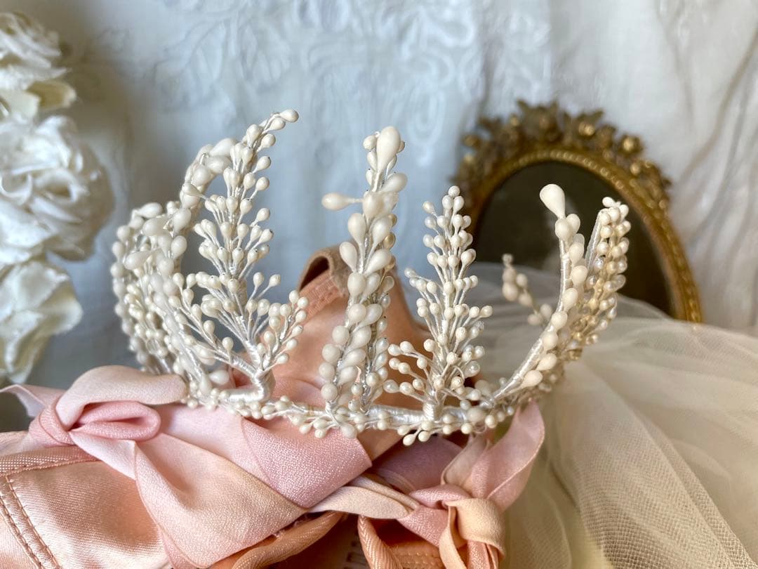 チュールベール付きワックスフラワーティアラ マリアージュ冠フランスアンティーク