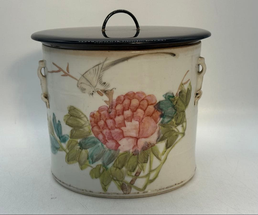 中国　清時代　浅絳彩　同治年製　花鳥紋水指　アンティーク　送料込み251208