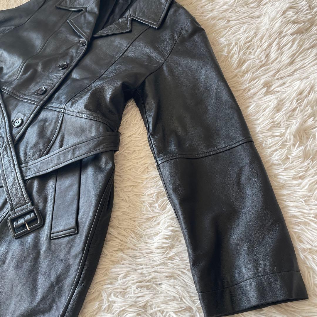 ミスアリス 羊革　レザーコート レザージャケット ベルト付 ひざ丈 ブラック