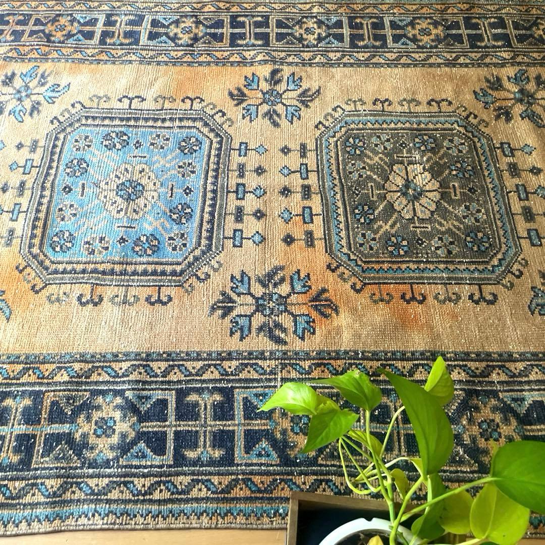 超特大140×366 くすみイエローベージュ　ボタニカル　トルコヴィンテージラグ