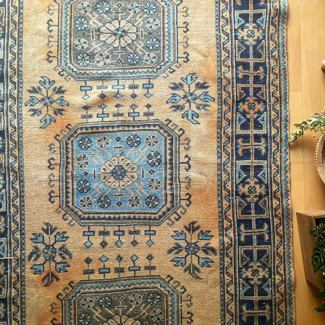 超特大140×366 くすみイエローベージュ　ボタニカル　トルコヴィンテージラグ