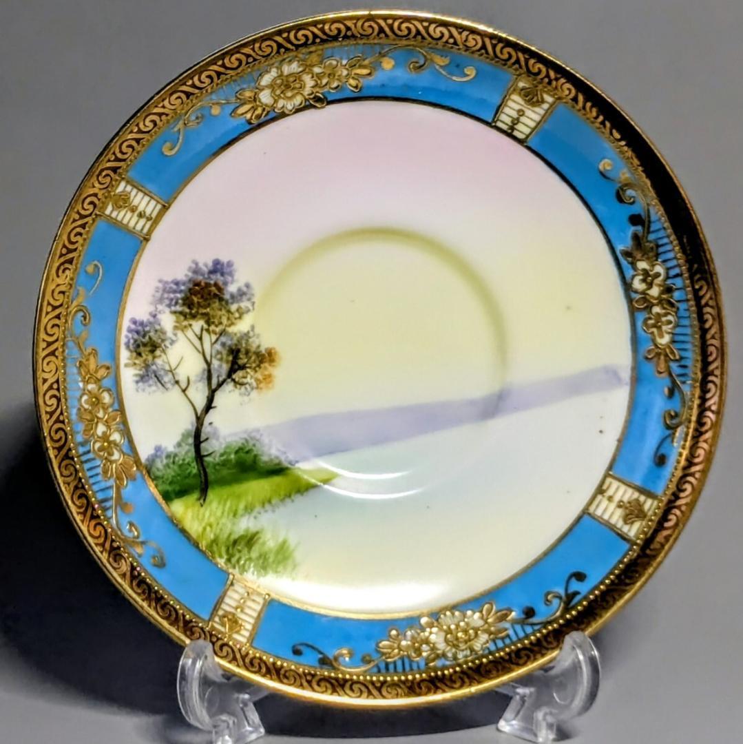 オールドノリタケ カップ＆ソーサー　金彩金盛上湖畔風景白鳥図 　　有名パターン