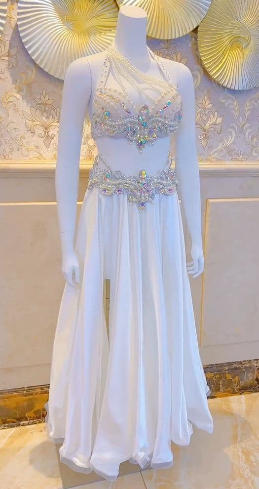 お得 美品一点物 ベリーダンス衣装 ブラスカートセット ホワイトS コスチューム