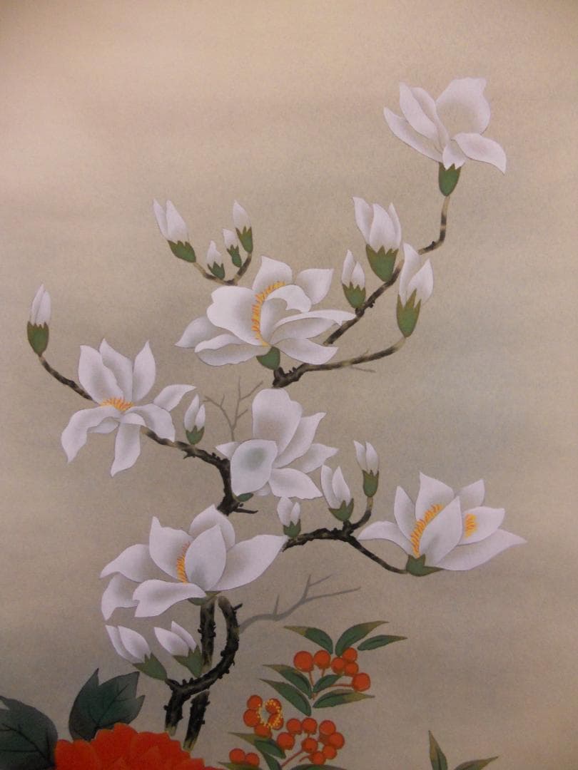 掛け軸 平松耕一 『 玉堂富貴 』 絹本 希少 軸装 茶道具 掛軸 美品 です。