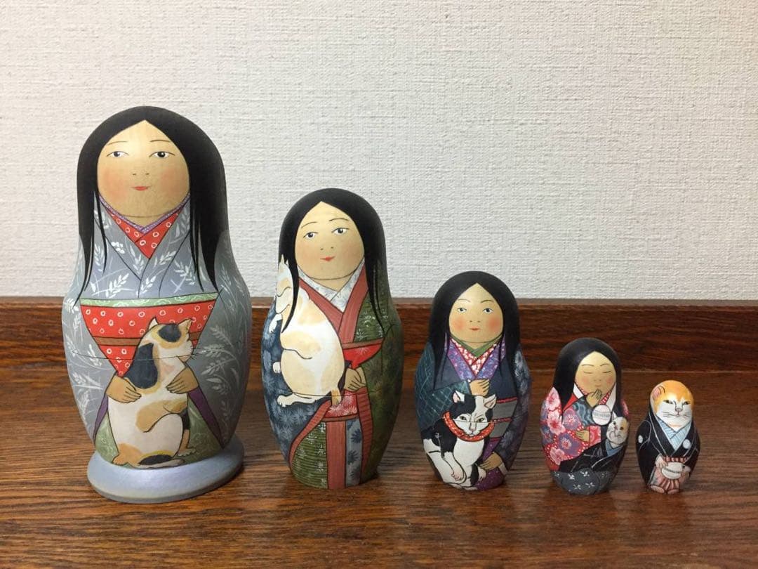 ひな祭りセール♪ロシア雑貨☆着物マトリョーシカ(5P)和風猫ボボワ作オマケ付き♪