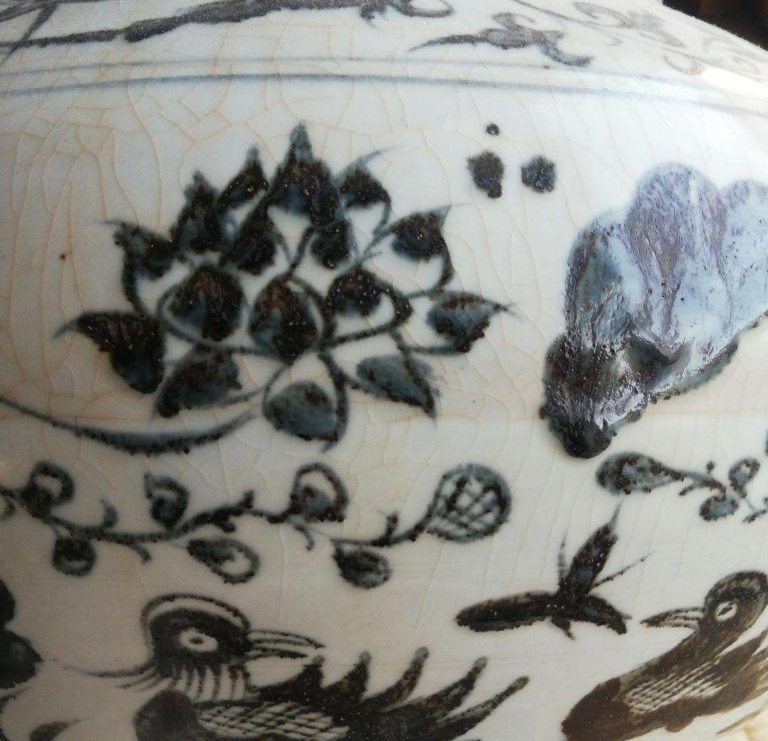 最終値下げ　中国骨董貴重陶芸　中国陶磁器を代表する元染付といわれる蓮と水鳥図大缶