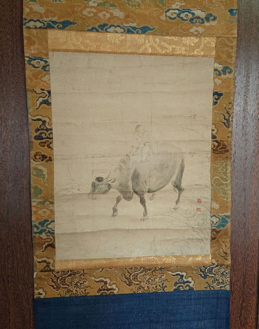 渡辺華山牛と人物の水墨画 掛軸A429