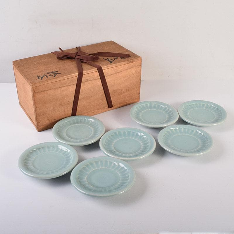 和食器　木野皿山窯　上田恒次作　青磁鎬手　銘々皿　7客　共箱　V　R7751