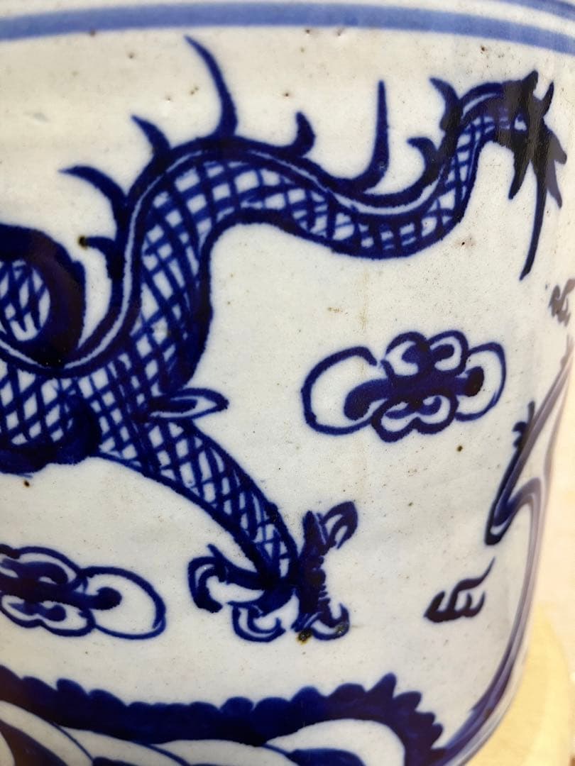 中国清代染付鉢　特大　香炉　筆立　昇龍　縁起物　運気上昇