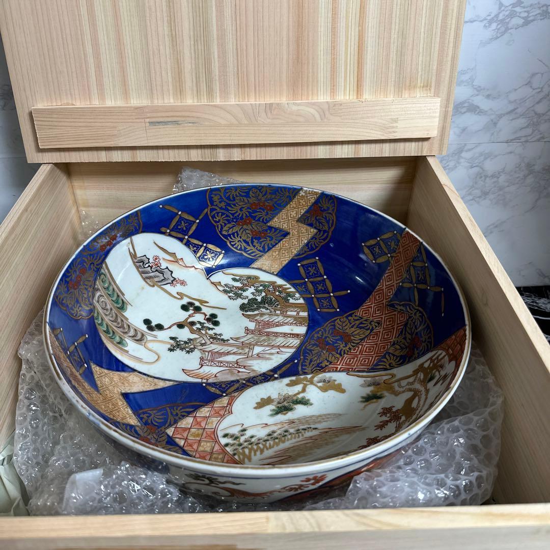 江戸、古伊万里、瑠璃、金彩窓絵、特大、楼閣山水図。無傷！