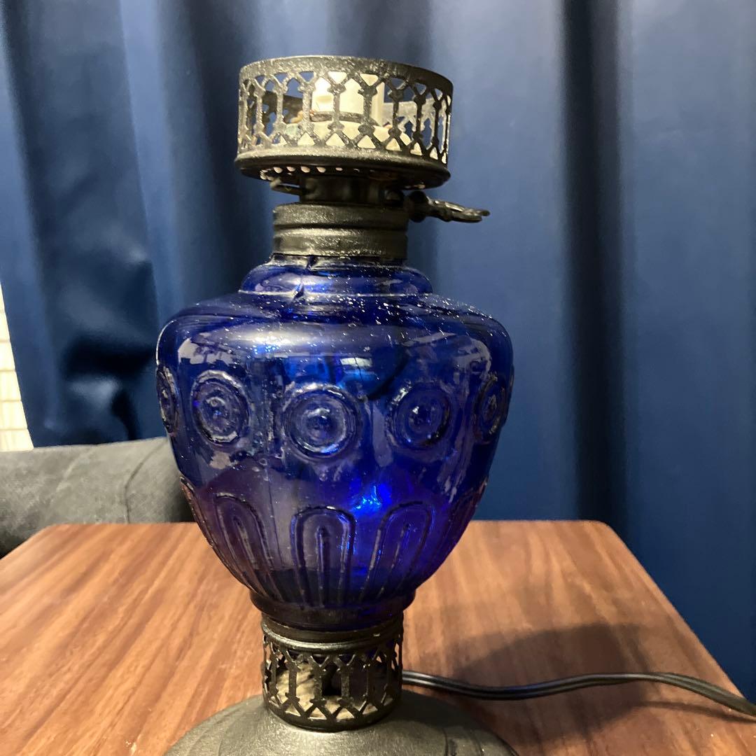 ヴィンテージ　コバルトブルーガラスランプ　アンティークランプ　青色ライト