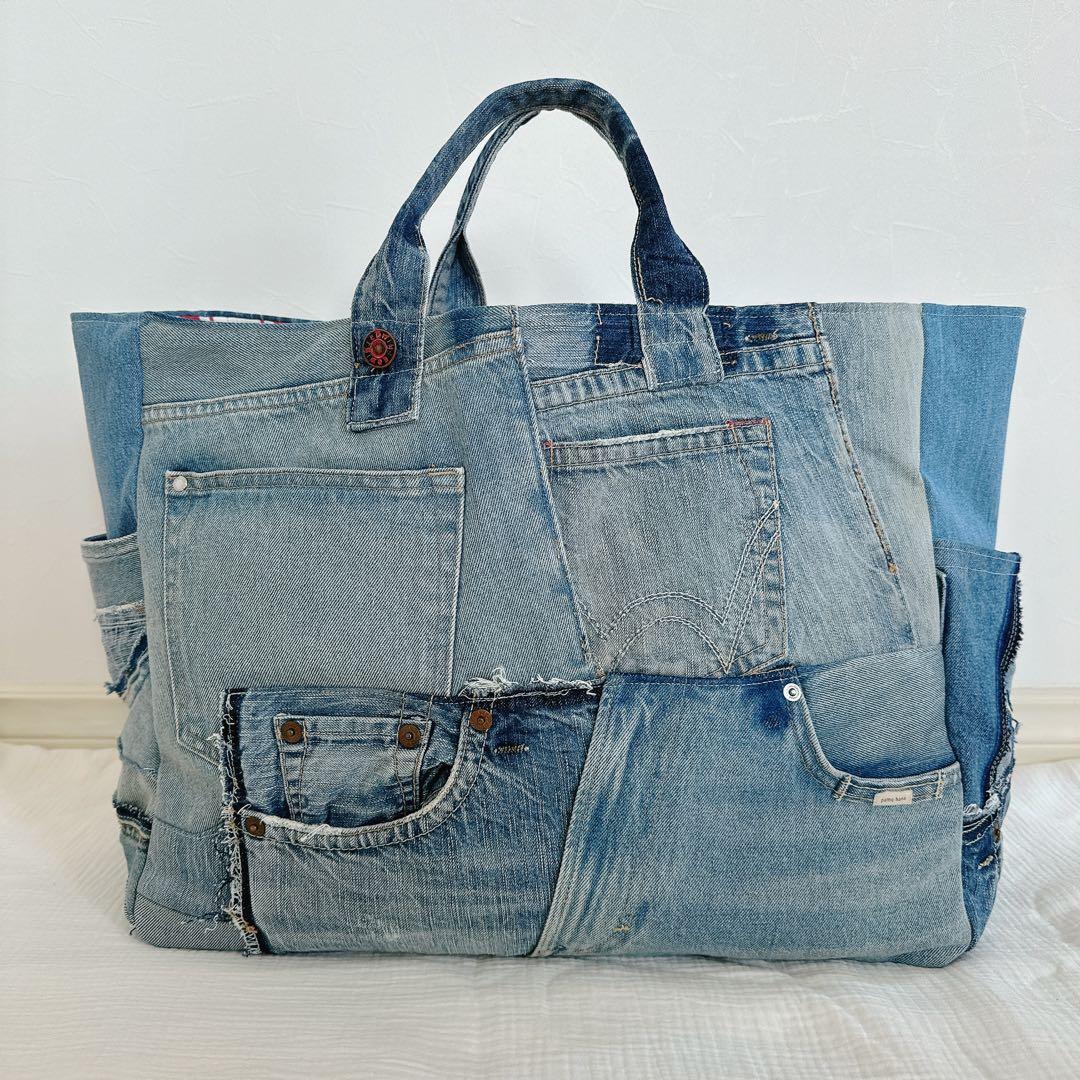 デニムリメイク　かなり大きめ　ポケット10個！多収納　トートバッグ