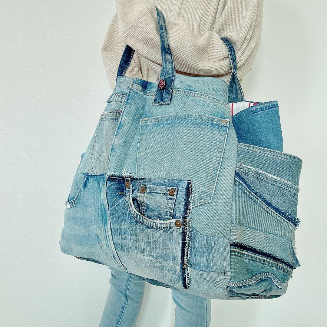 デニムリメイク　かなり大きめ　ポケット10個！多収納　トートバッグ