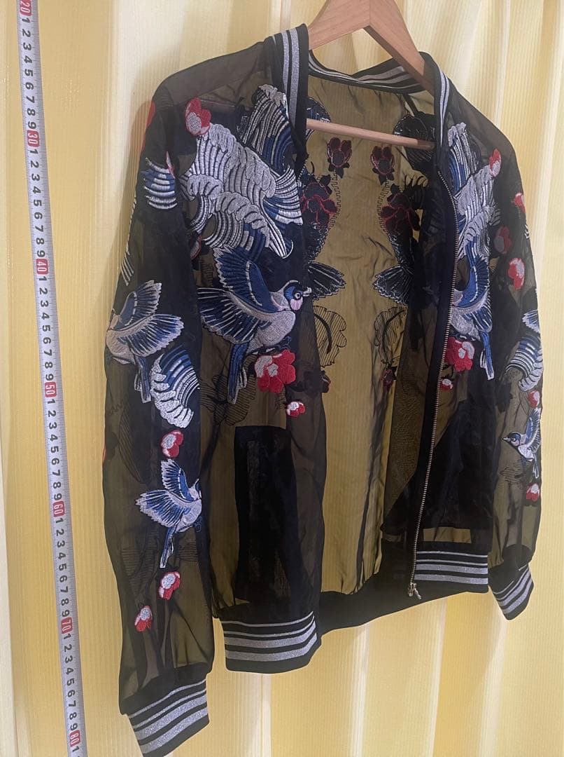 Ochirly(L)透けるスカジャンTATOO柄,春夏軽い,未使用に近い男女兼用