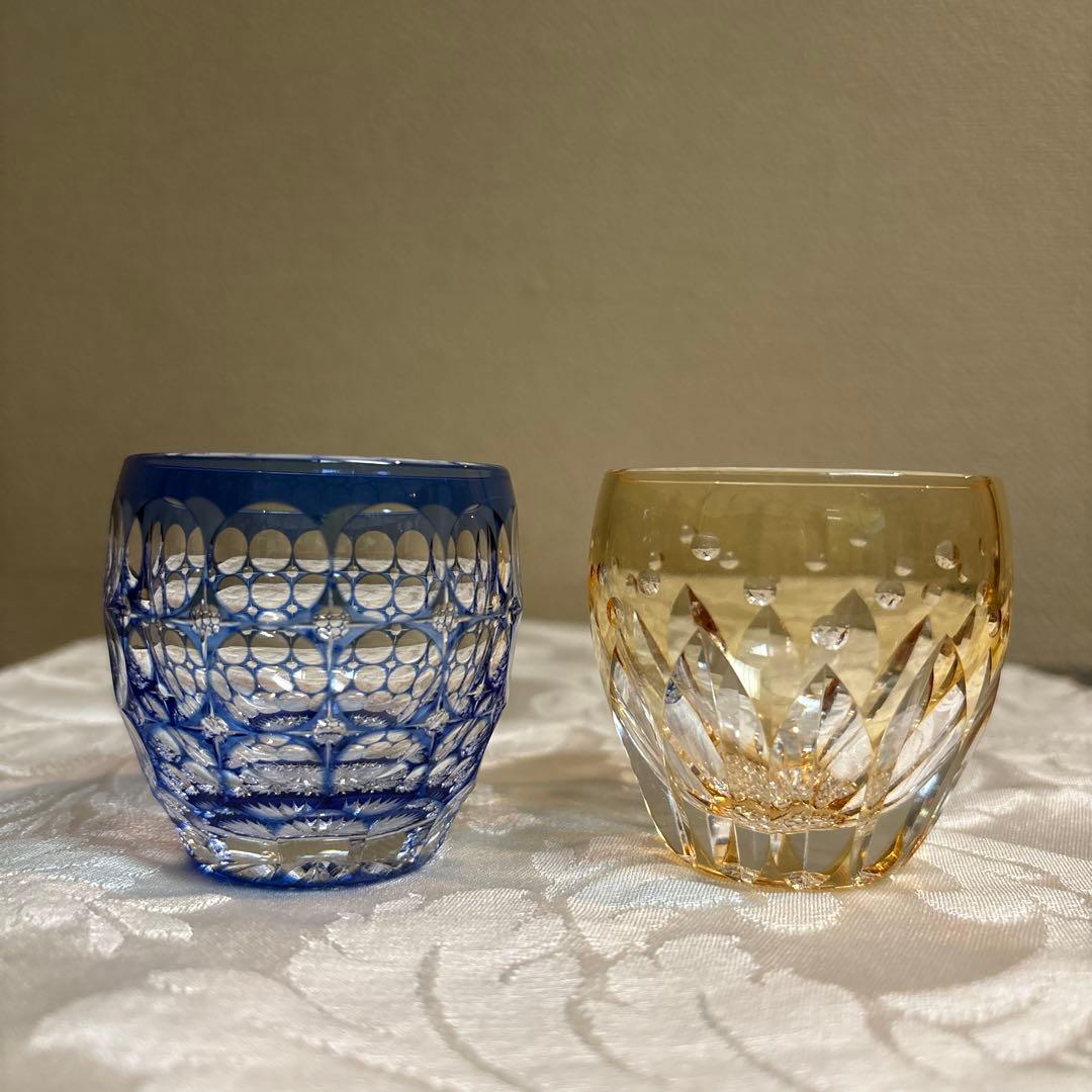 江戸切子　カガミクリスタル　冷酒杯　「紫陽花」「向日葵」 鍋谷聡作　伝統工芸品