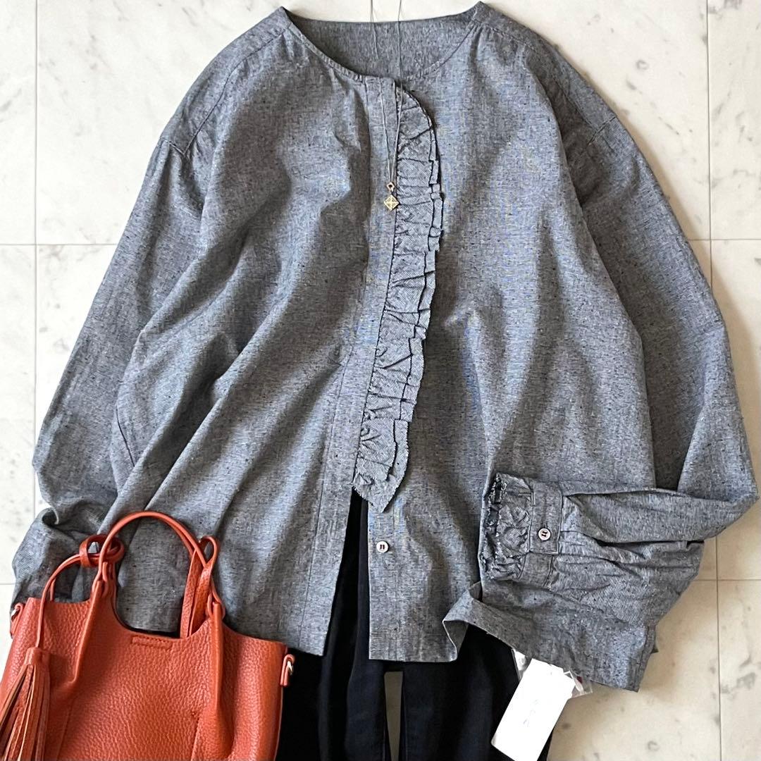 25AWタグ付＊かぐれ コットンシルクフリルブラウス グレー系チェック 日本製