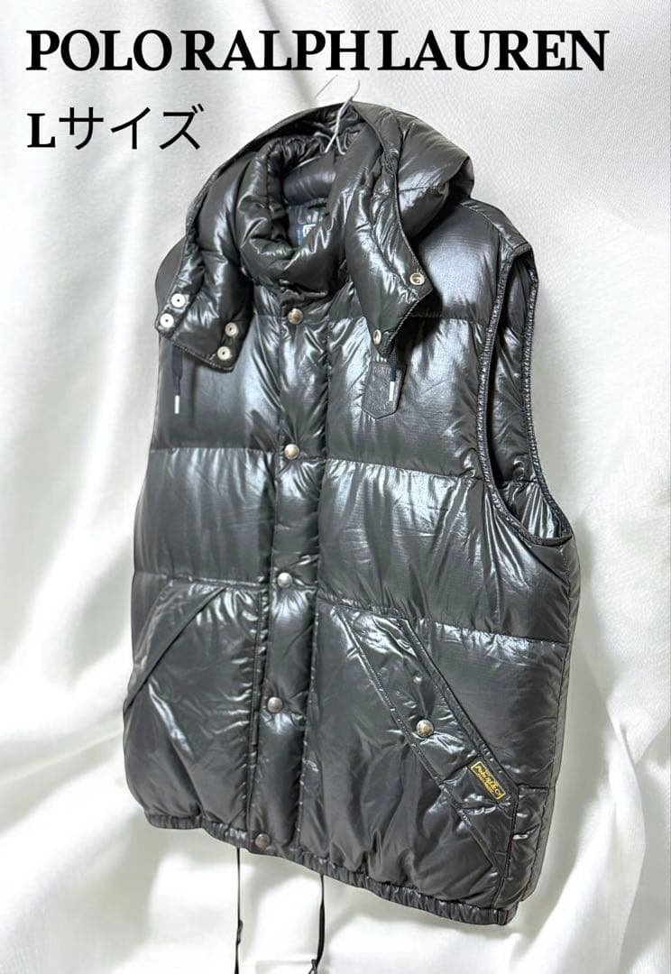 美品☆ポロラルフローレン ダウンベスト 黒 牛革 エンブレム L