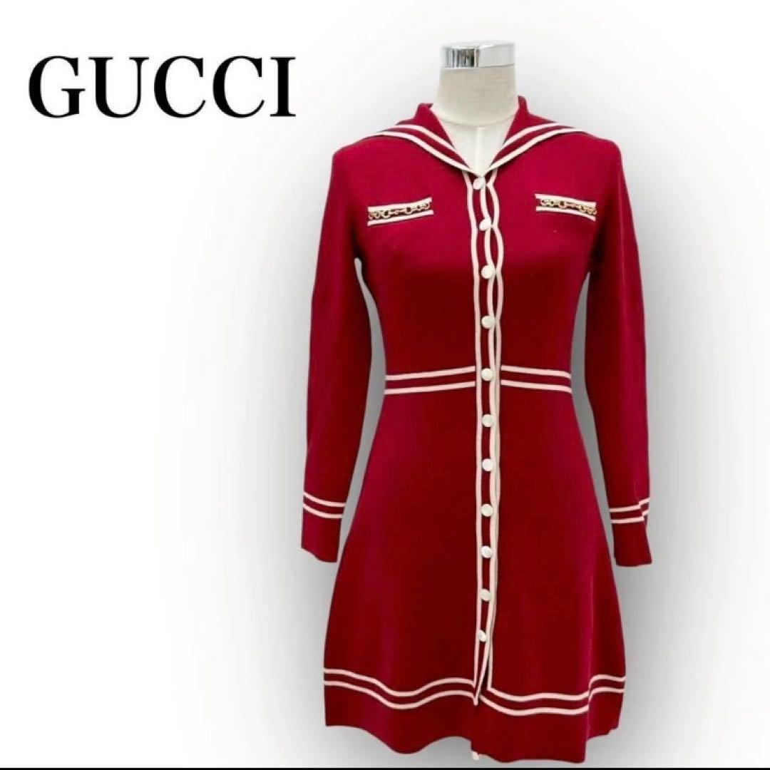 GUCCIワンピース コントラストトリム ウール ドレス XS 赤 白 長袖