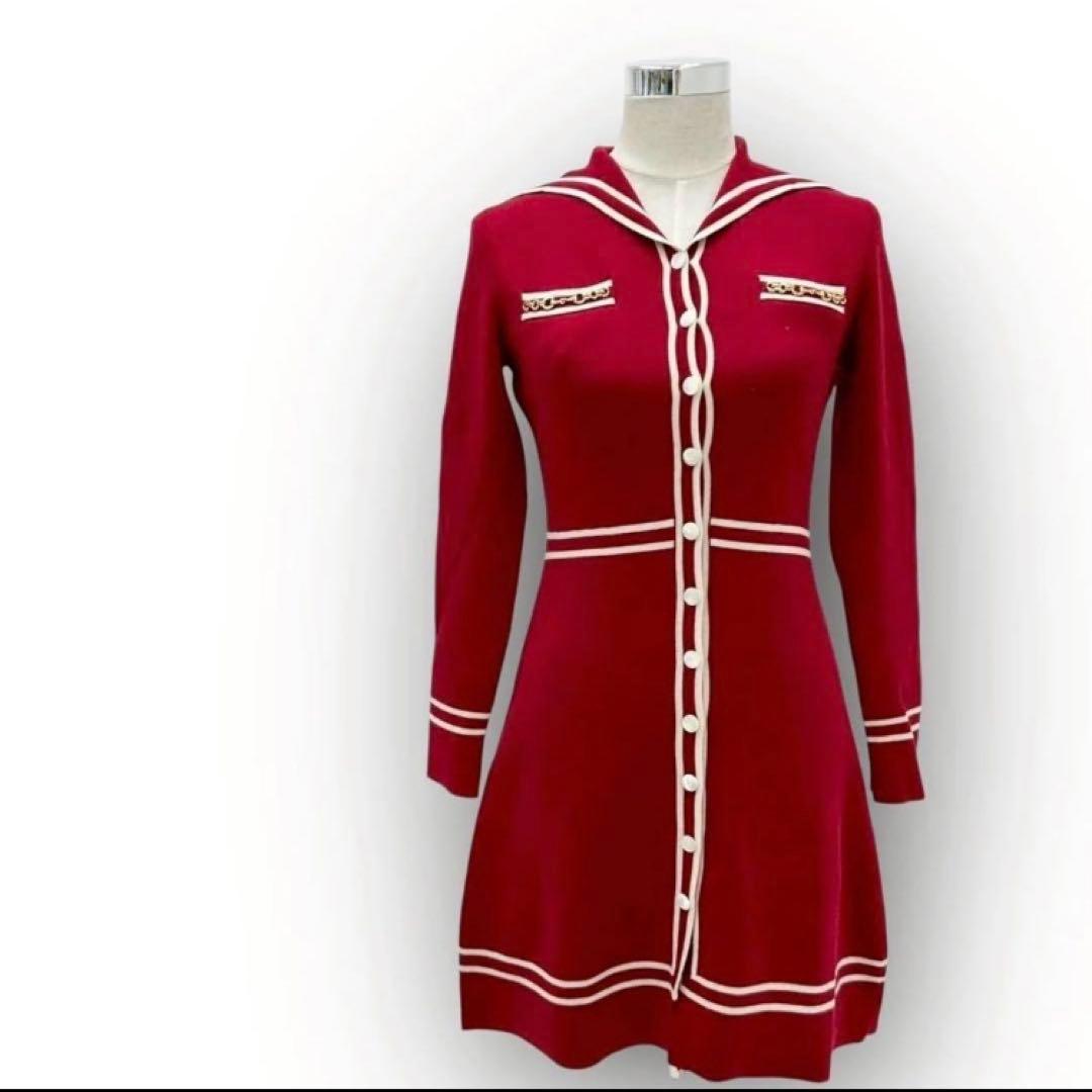 GUCCIワンピース コントラストトリム ウール ドレス XS 赤 白 長袖