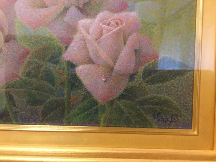お値下げ　油絵　佐藤哲郎　麗しい薔薇の絵　『爽風』　一滴の雫　美しい点描画　４号