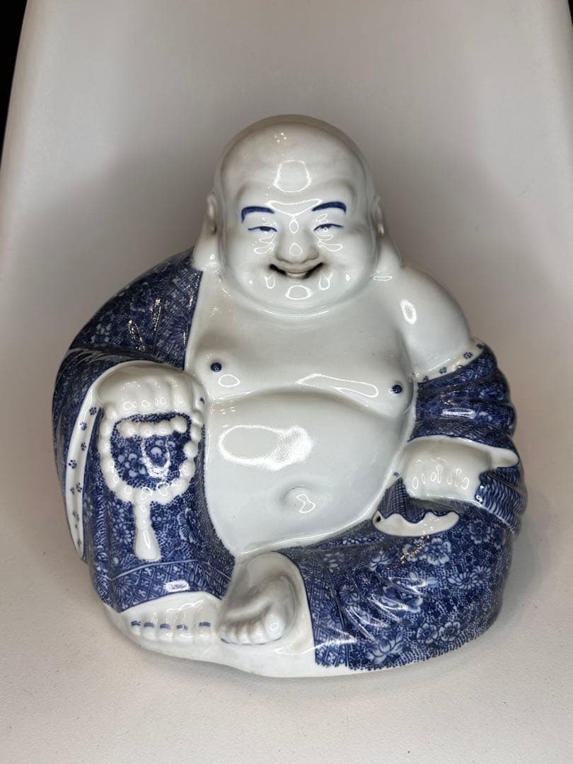 茂記生造　銘あり（底款）　青花染付　陶製仏像　置物／観賞用　時代物