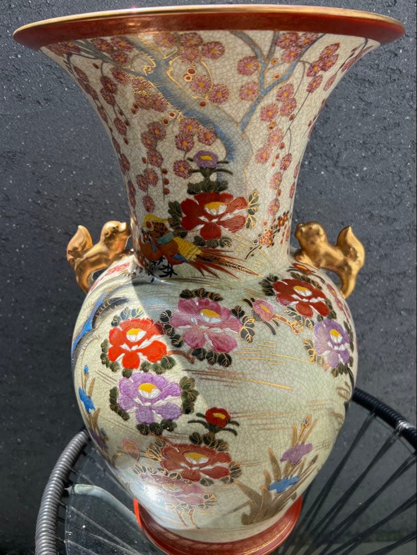 薩摩焼 壺 大型 双耳花瓶 飾壺 獅子耳 花柄 金彩 両耳付 花瓶