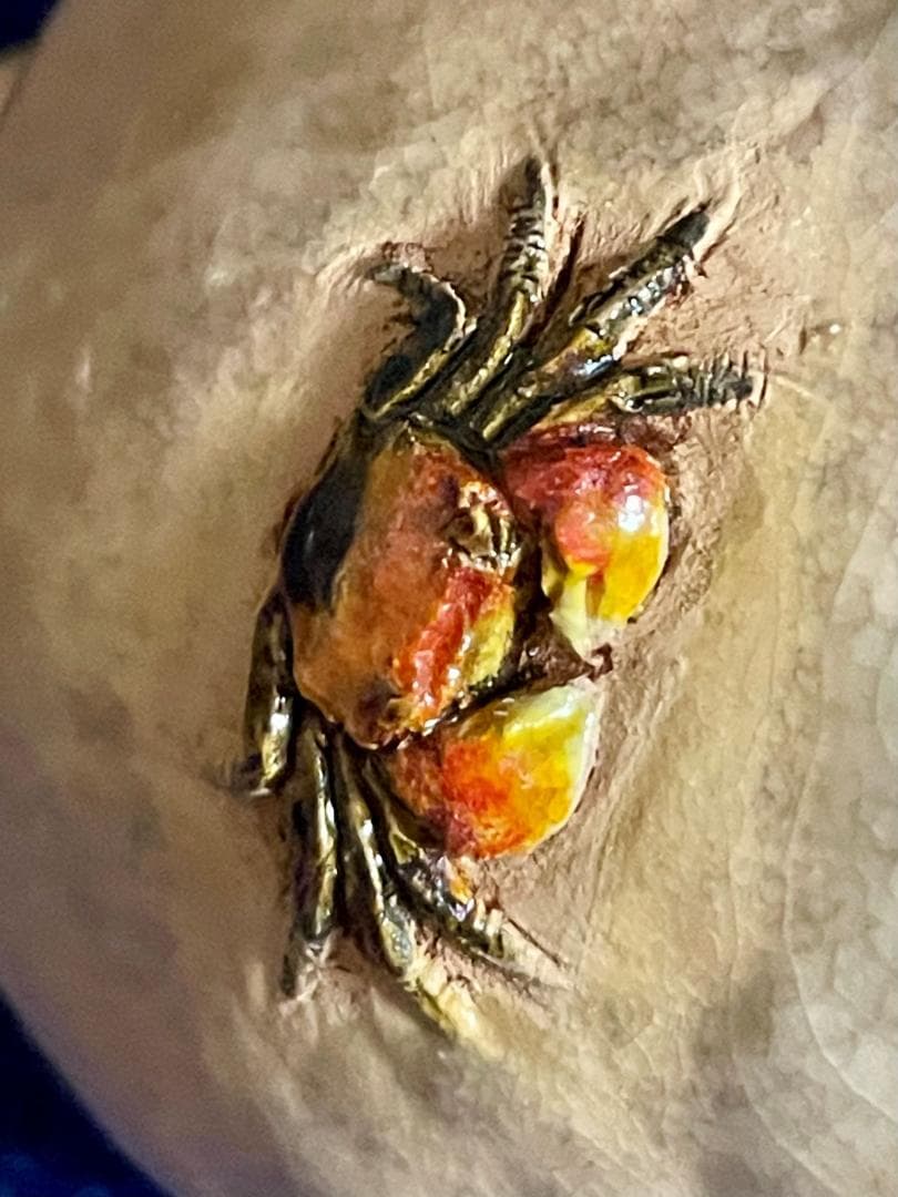 値下げ！【二六焼】お猪口ぐい呑み、蟹天神 共箱付 H5㎝