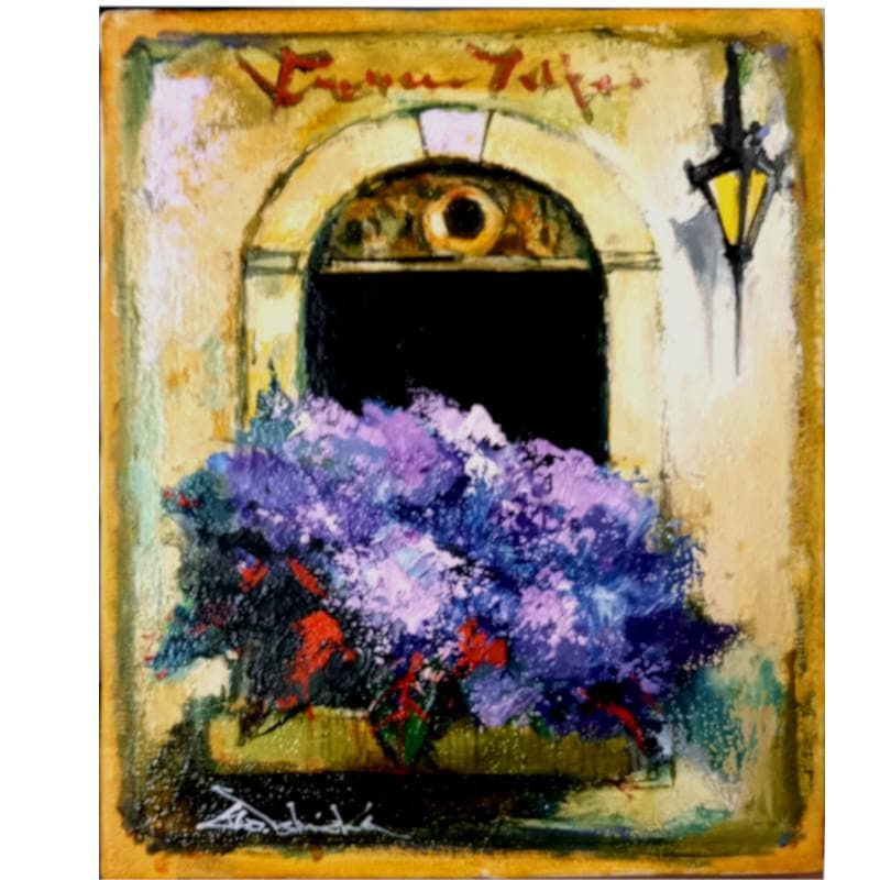 ☆石岡　剛☆「 窓辺の花　紫 」油絵　F３号