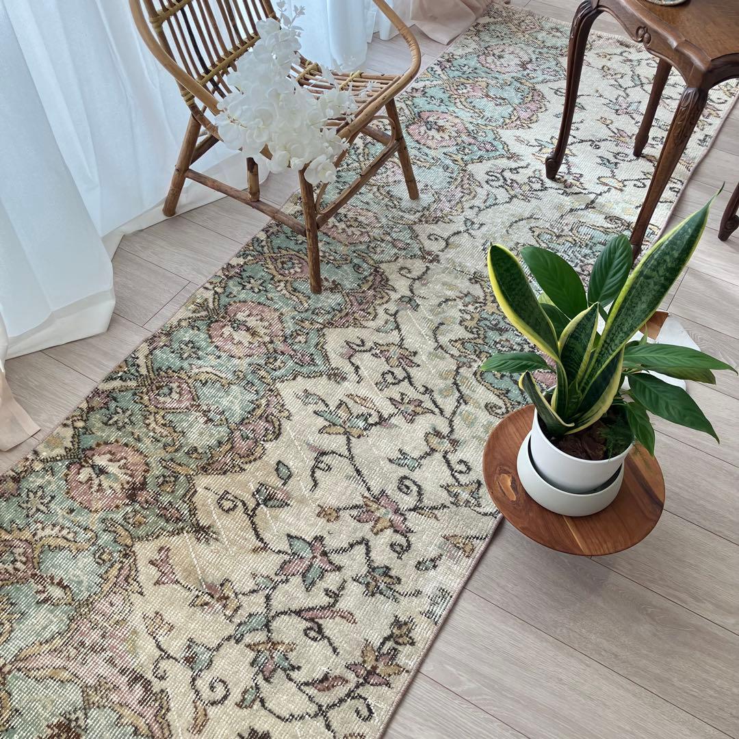 ペパーミントグリーン　ピンクベージュ73×222ランナー　トルコヴィンテージラグ