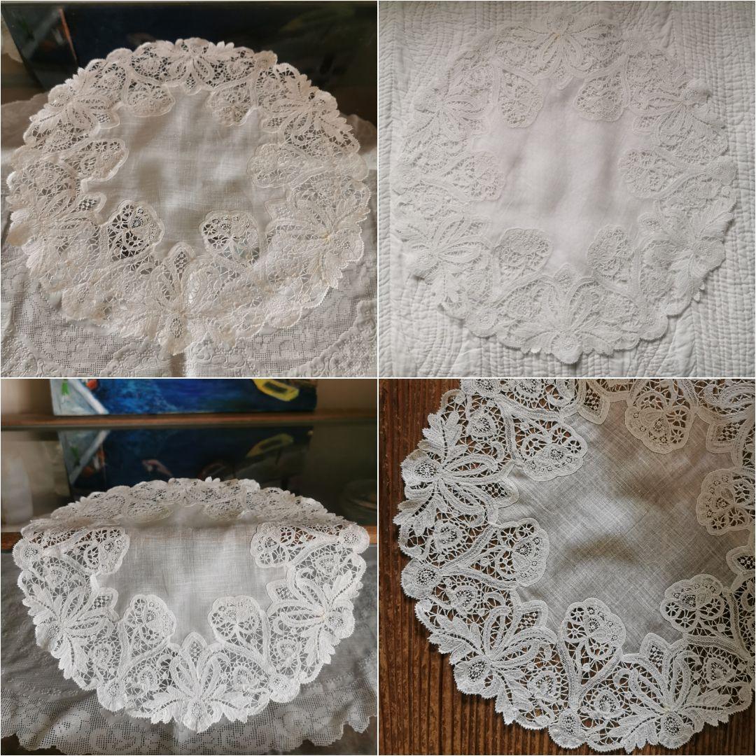 アンティーク ベルギー ポワンドローズ 薔薇と蕾 ニードルワーク レースドイリー