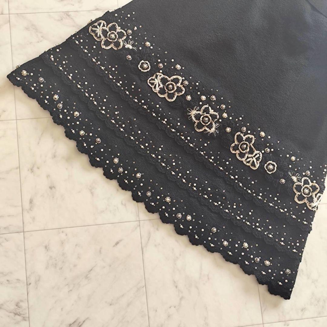 新品 フランコフェラーロ 豪華 フラワー パール 装飾 ニット ワンピース 黒