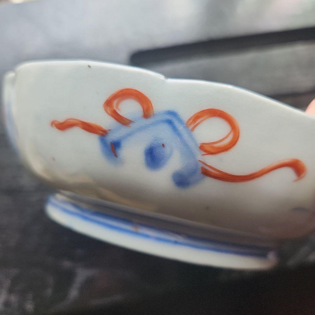 古伊万里　錦手　多色花模様の八角形陶器皿　　江戸時代