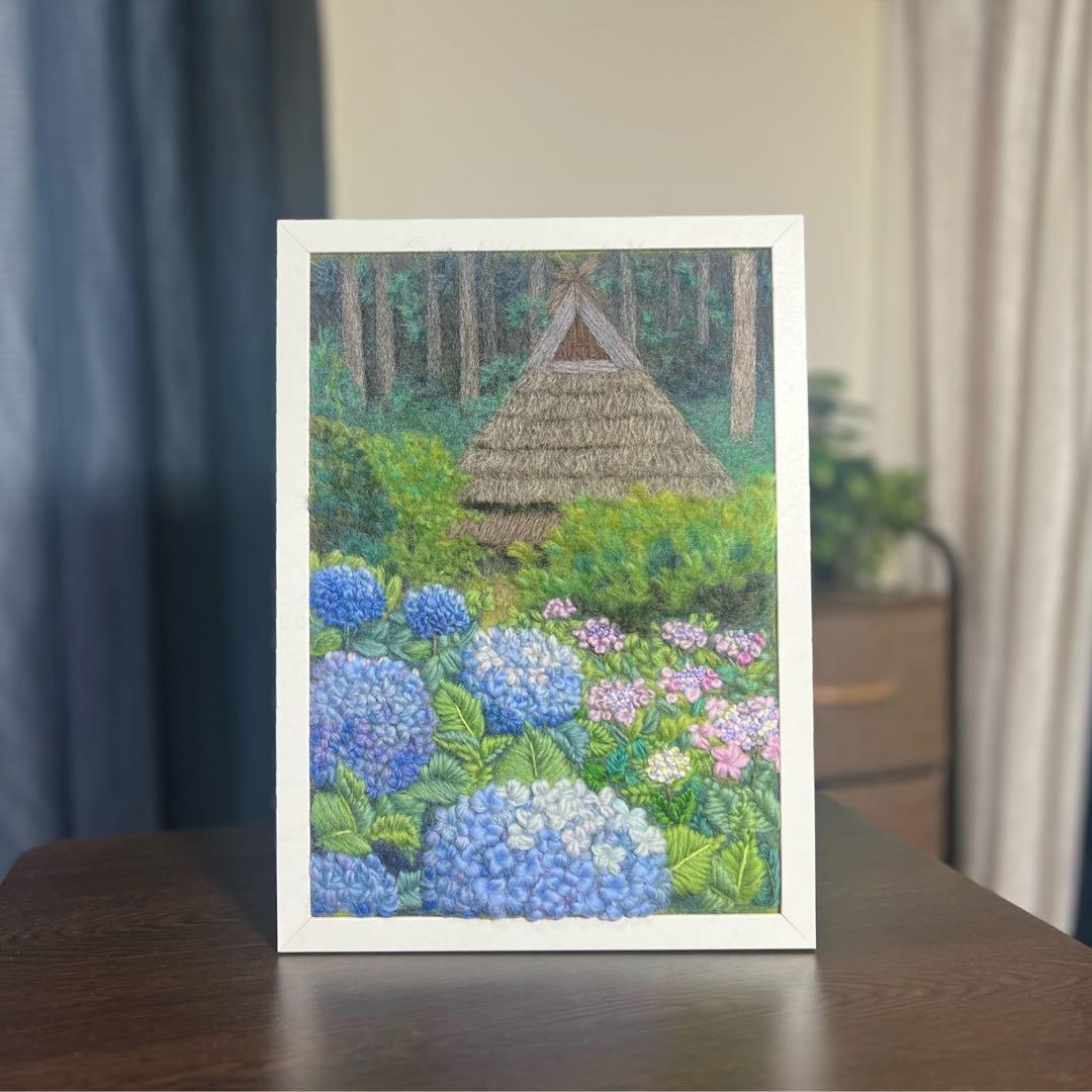 チ*コ様 羊毛フェルト　羊毛絵画『山郷の紫陽花』ハンドメイド　羊毛刺繍