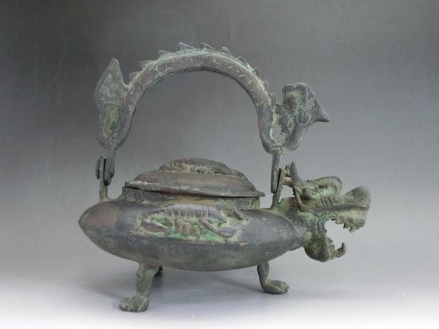 鉄瓶■蠍紋 龍 古い時代物3つ足持ち手龍茶瓶 急須 水差し古玩 唐物 骨董■