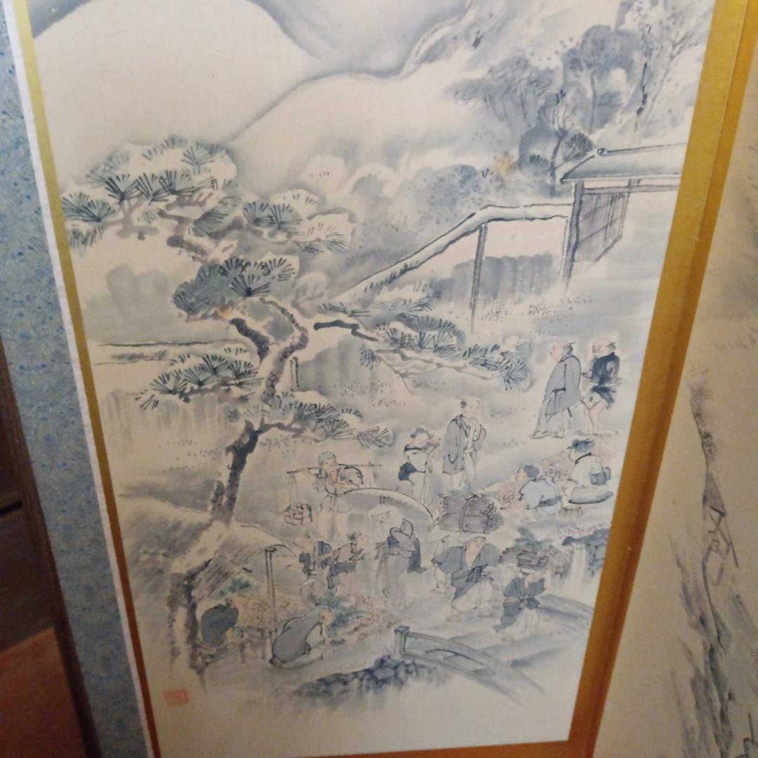 江戸時代風俗図　水墨画＆金屏風セット(175x60cm)X六曲X３枚