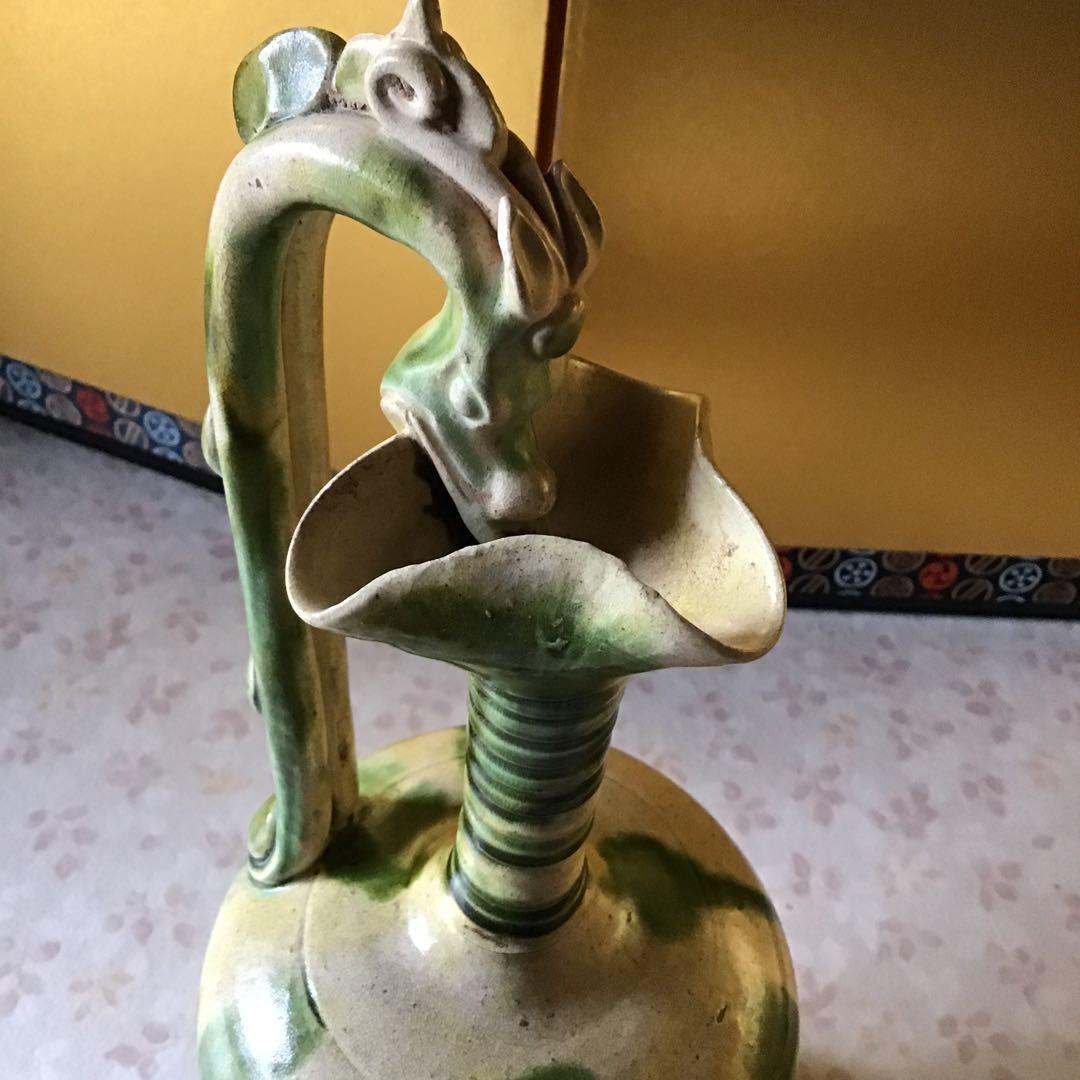 時代　唐綠黄秞竜耳瓶　中国