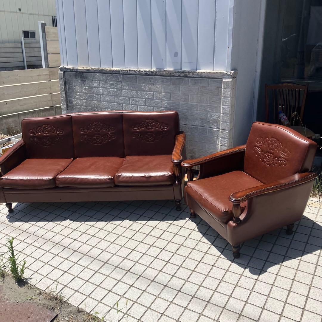 昭和レトロ オールドカリモク 古家具 一人掛けレザーソファー アームチェア 装飾