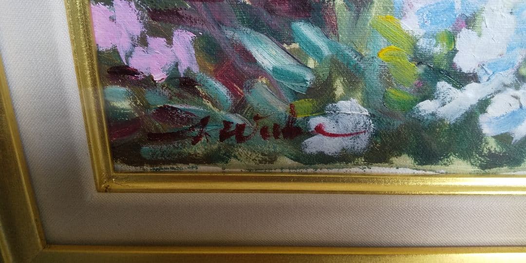 絵画 油絵 ワベ・シゲヨシ 春の花　真作保証　油彩画　桜　スプリング