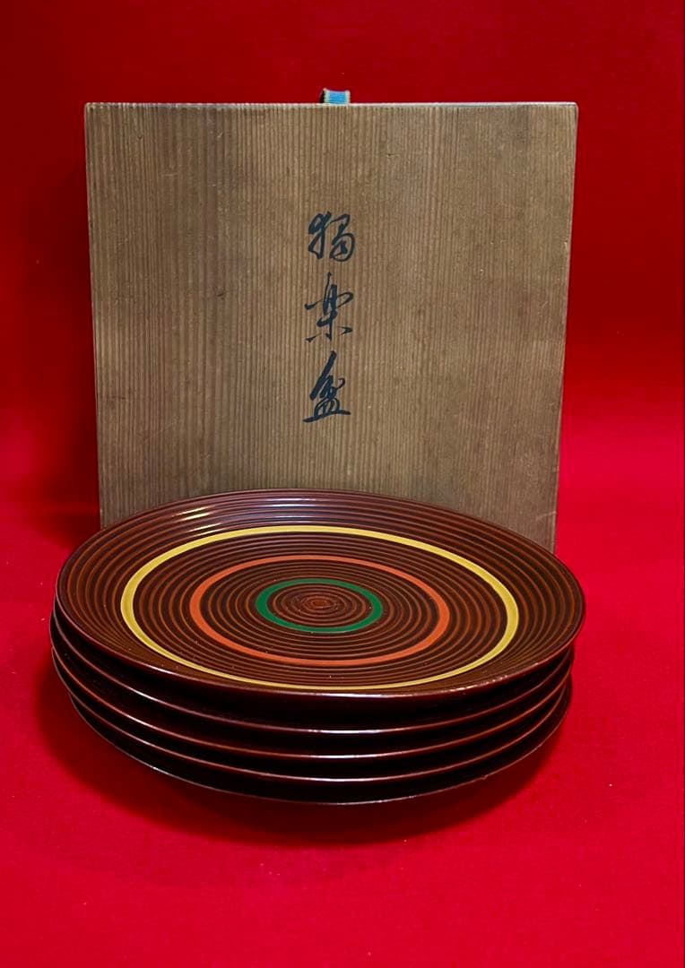 茶道具 古道具 菓子器 菓子盆 丸盆 独楽盆 五枚 箱付き 漆器