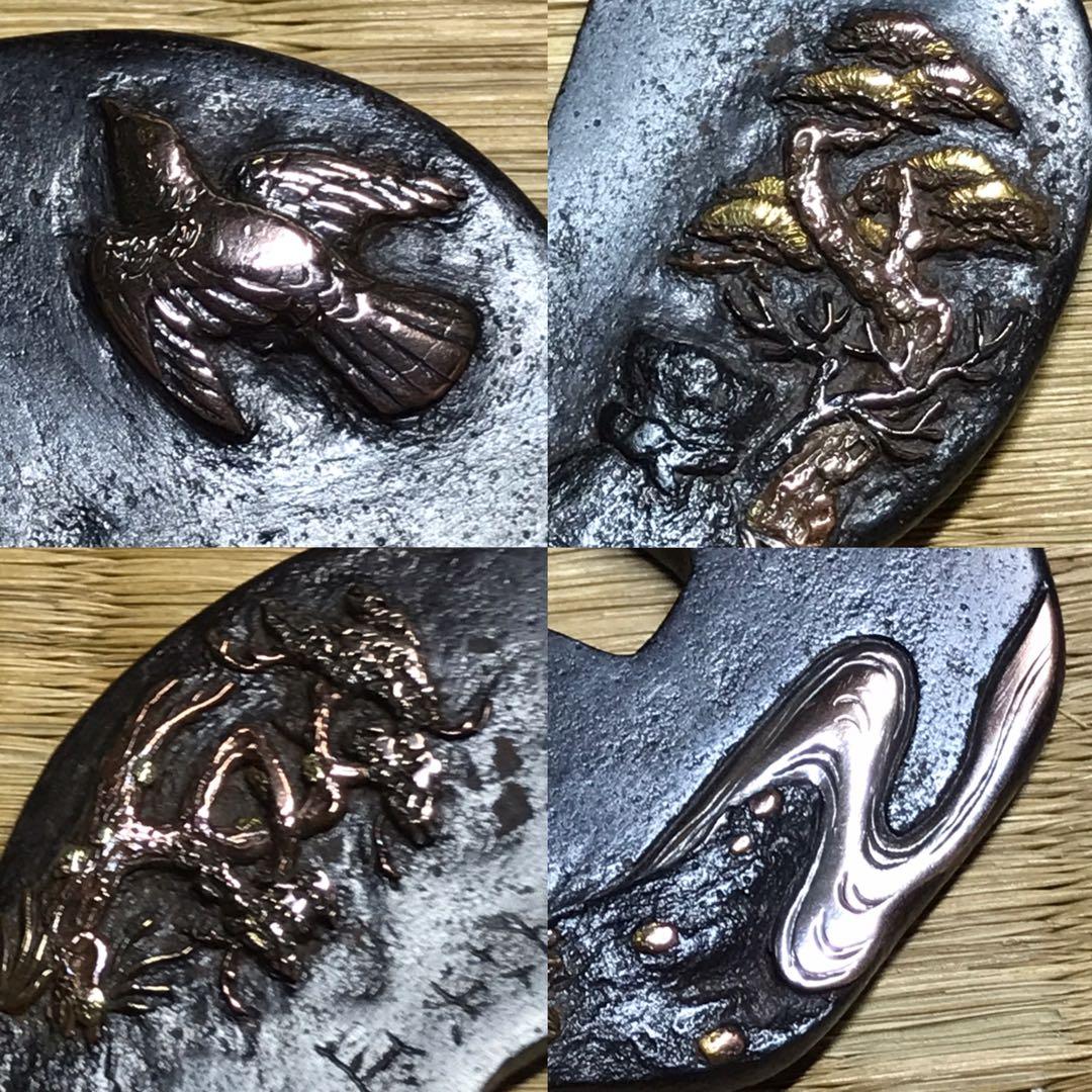 ★時代 /武具！鉄地 鍔 松 鳥 川図案/鐔『菊川南甫 花押(菊川久英)』★