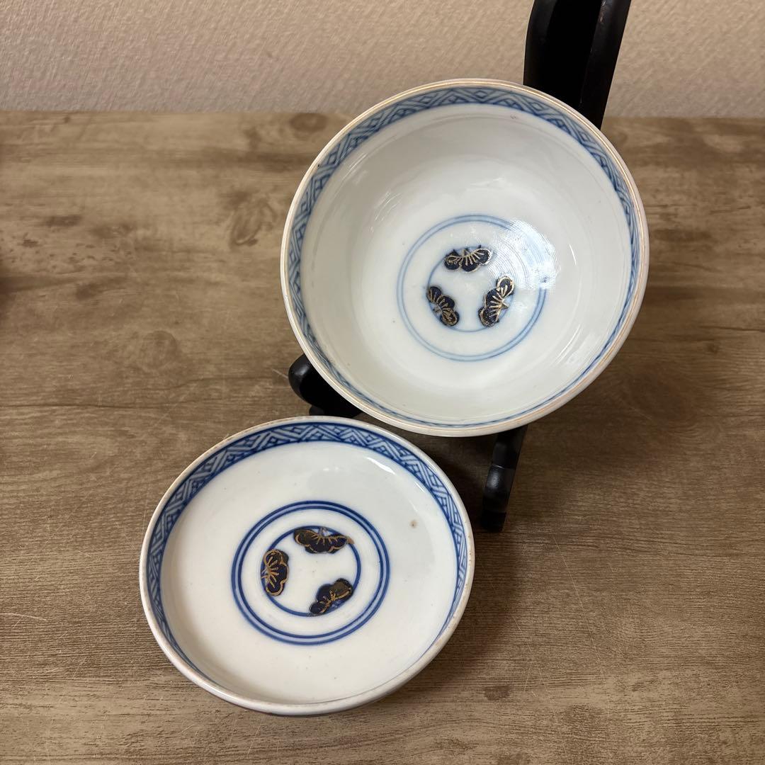 古伊万里　色絵染付間取　金襴手　丼　5客　蓋付碗　アンティーク　骨董　明治〜大正