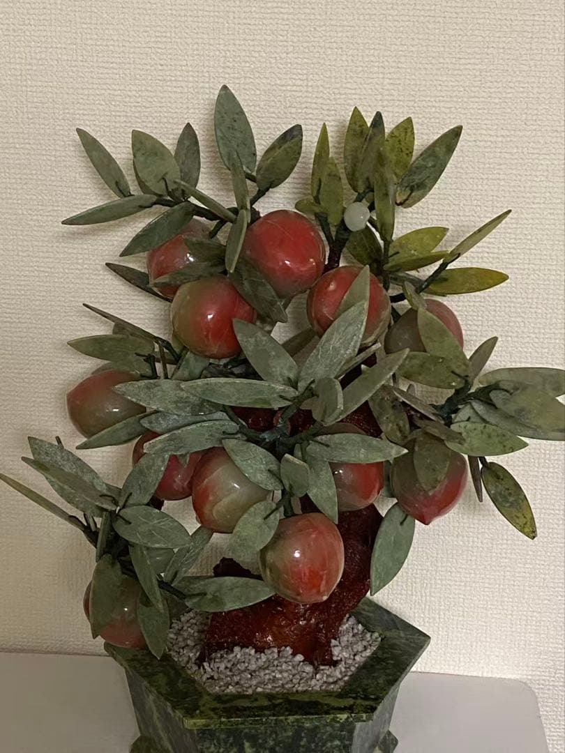 中国美術 玉石翡翠 天然石 桃の木 年代物 盆栽桃樹 玉石 置物