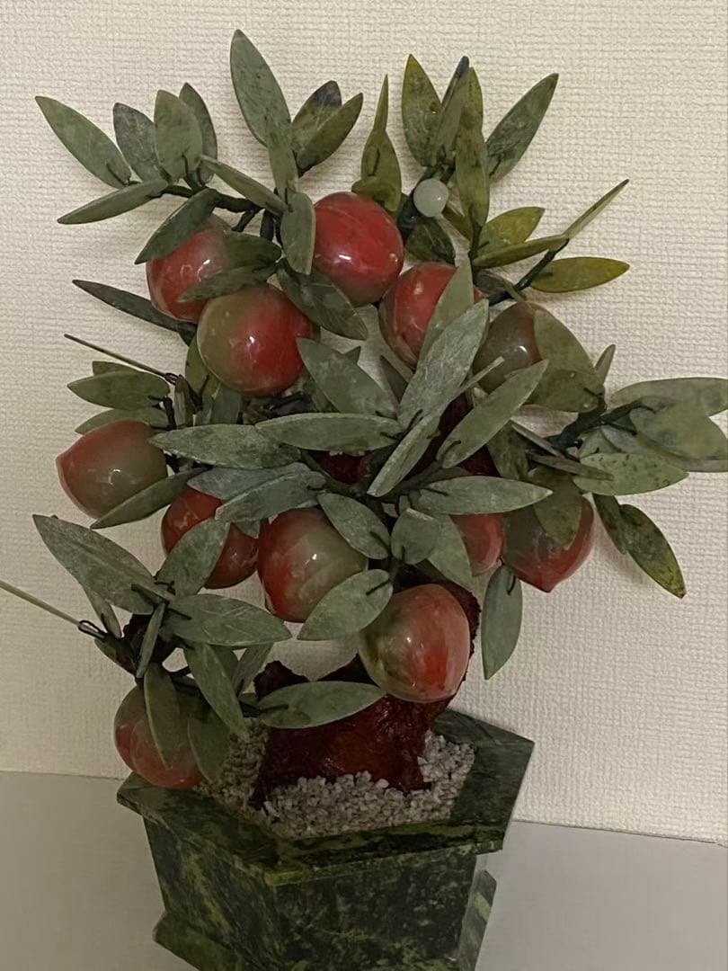 中国美術 玉石翡翠 天然石 桃の木 年代物 盆栽桃樹 玉石 置物