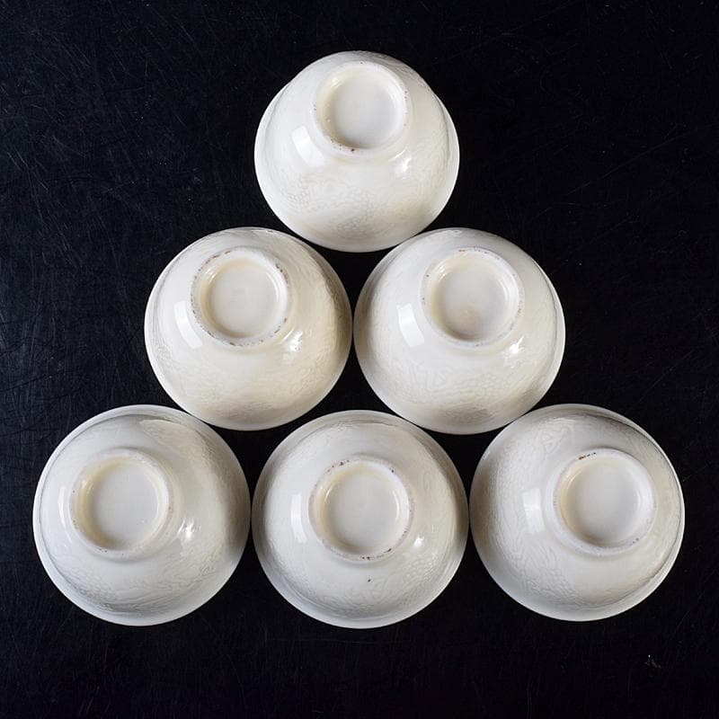 中国　徳化窯白磁　印刻　双龍文　煎茶碗　六客　V　8129E