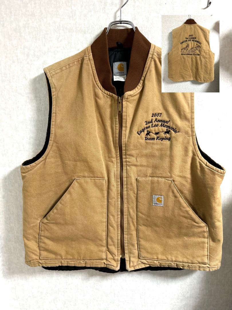 【希少】 carhartt カーハートダックベスト XL ベージュ 刺繍ロゴ