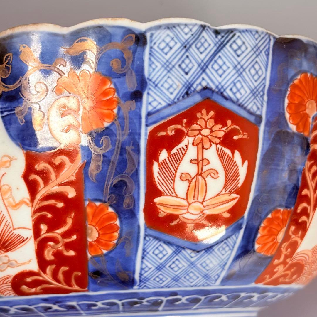 古伊万里　大聖寺伊万里　染錦三方龍仙人菊花型鉢　三ツ鉢揃い　黄仁覧図　特上品