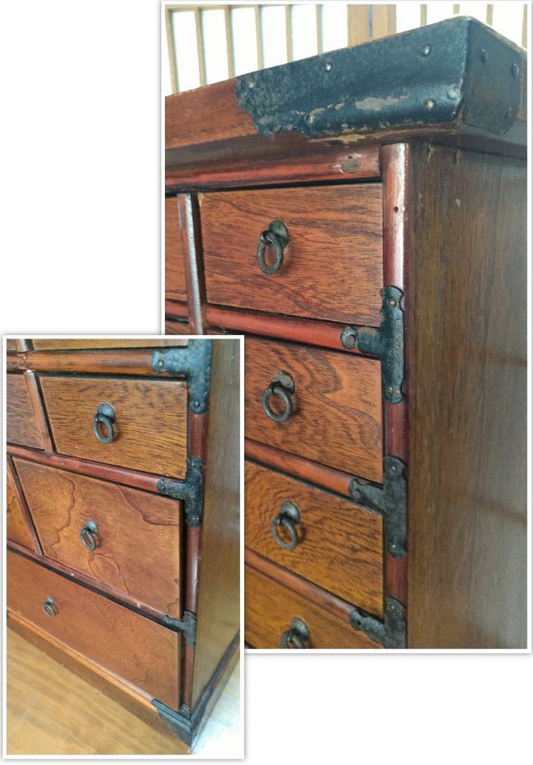 アンティーク！伝統的な和風 古木の薬箪笥 小15個・中2個・大1個の引き出し付き